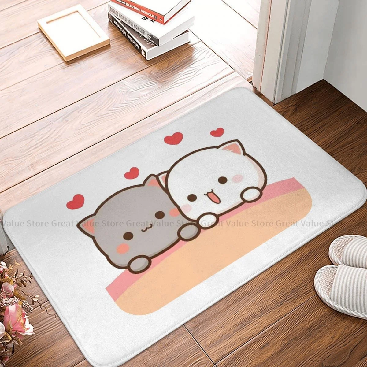 

Peach and Goma Mochi Cat Non-slip Doormat Living Room Mat Kawaii Floor Carpet Welcome Rug Home Decorative