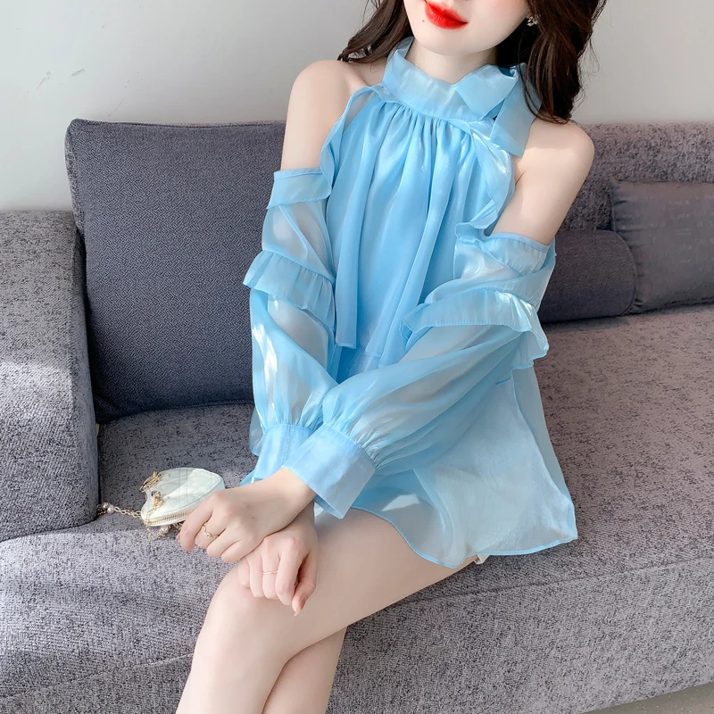 

Chiffon Women's Blouse Summer Ruffled Off The Shoulder Shirt Loose Long Sleeve Casual Fashion Top Female Korean Style Clothing