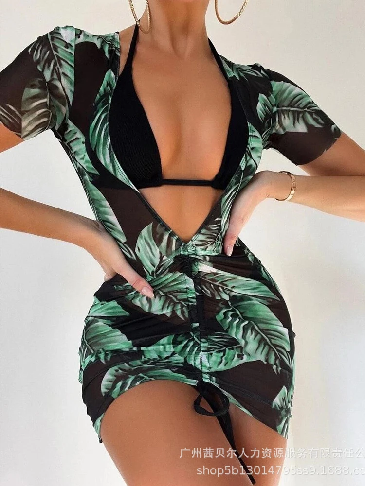 

Женский Летний Пляжный Купальник Mandylandy, модное женское сексуальное платье с V-образным вырезом + бюстгальтер + трусики, комплект из 3 предмет...