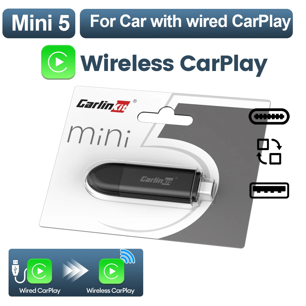 

CarlinKit Mini 5 проводной беспроводной адаптер CarPlay 2.4G и 5Ghz WiFI Bluetooth автоматическое подключение онлайн обновление простая настройка Smart Car Box