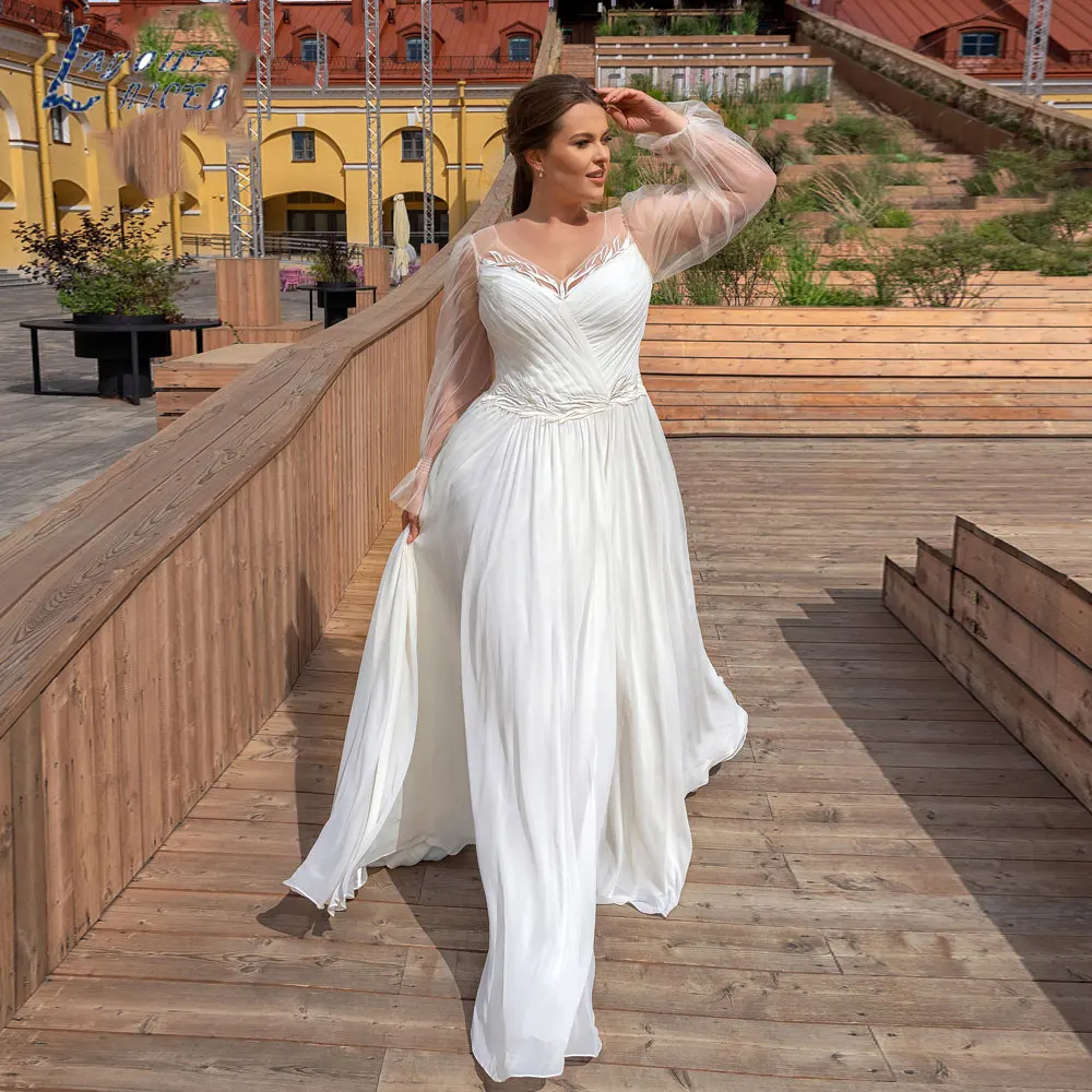 

LAYOUT NICEB Romantic Chiffon Plus Size Wedding Dresses Sexy Long Sleeves V Neck Bride Gowns Appliques High Slit Robe De Mariee