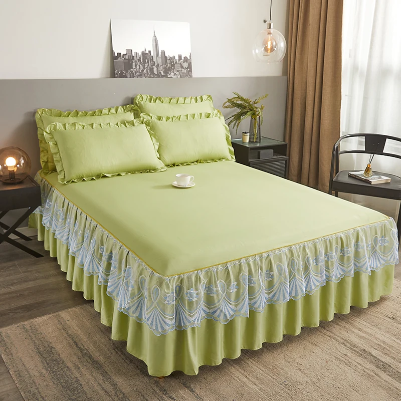 

Pink Lace Lotus Leaf Lace Bed Skirts Princess Style Solid Color Bedspread Bed Cover Non-Slip Sheets Without Pillowcase