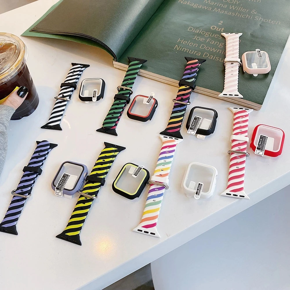 

Стекло + чехол + ремешок на ремешке для Apple Watch, ремешок 44 мм 40 мм 38 мм 42 мм, твист, зауженный силиконовый ремешок для часов, браслет для Apple Watch 6 5 ...