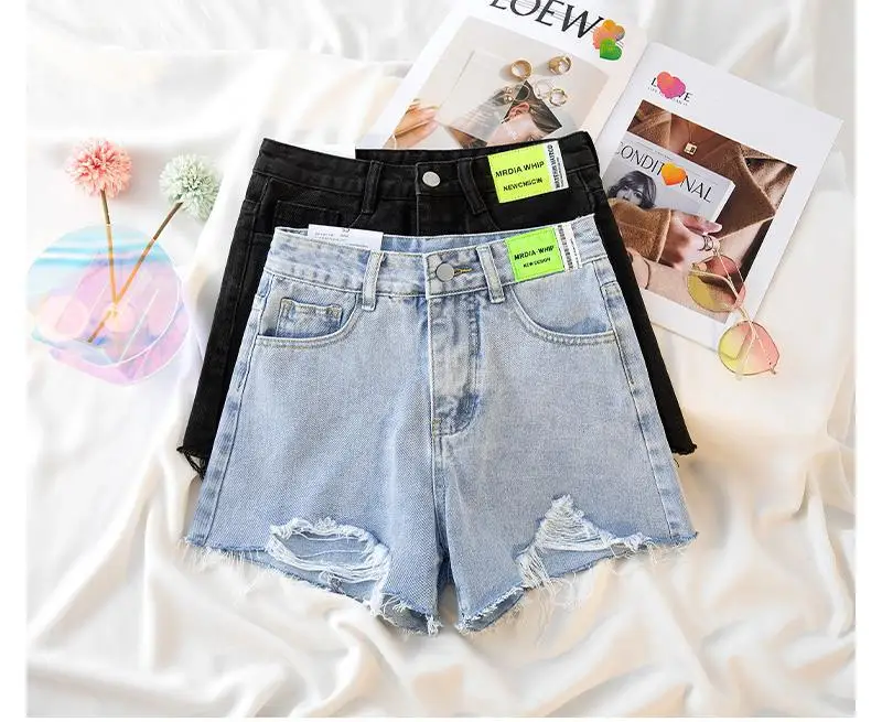 Biker Black Perforated Denim Shorts Women's Clothes Summer 2023 New High Waist Slim Large Size Wide Leg Pants Jeans Shorts AC274