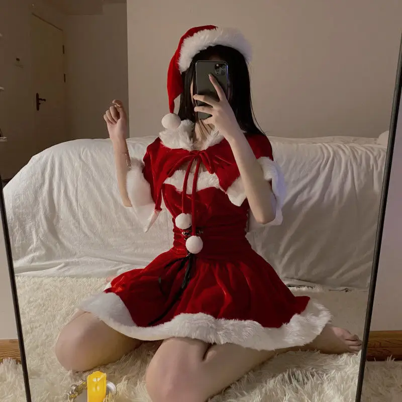 

Cosplay Santa Autumn Winter Cute Christmas Red Shawl Dress Women Holiday Costume Party Dress Up Outfit Female Kawaii Cloak