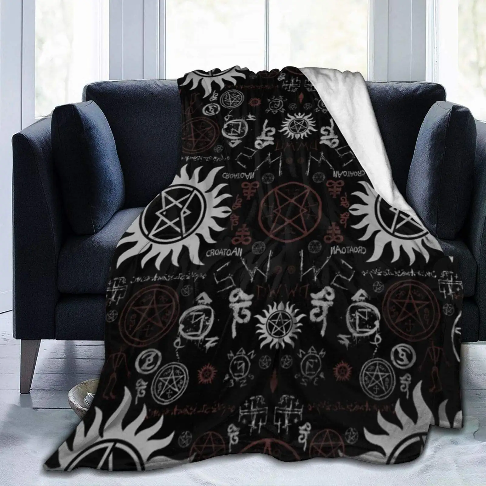 

Mantas de forro polar negro con símbolos supernaturales, manta de felpa suave de lujo para sofá, televisión Reversible, 60x80 pu