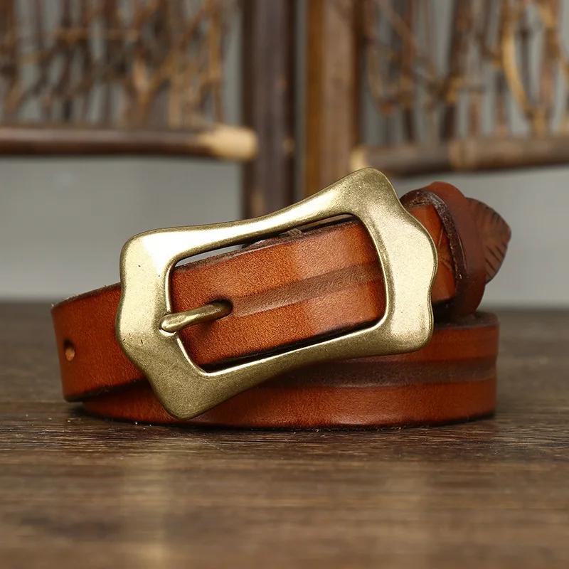 Vintage Cowhide Women's Belt Fashion Casual Luxury Design Jeans Accessories High Quality Cow Leather Copper Pin Buckle Waistband