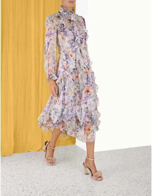 

Женское винтажное платье до середины икры, платье с цветочным принтом, воланом, самозавязывающимся вырезом и расширяющимся книзу рукавом, 2023