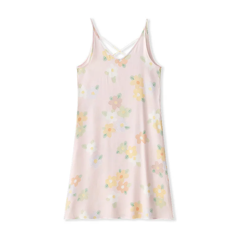 Underwear Nightgown Sexy Suspender Dress Women's Satin Oil Painting Garden Mid-length Home Pajamas Lingerie Cute Girl Nightdress