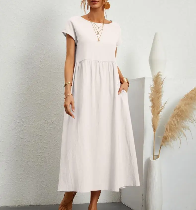 

2023 Autumn Oversize Cotton Linen Women's Dress White O-neck Pockets Loose Dresses Female Casual Elegant Fashion Ladies Clothes