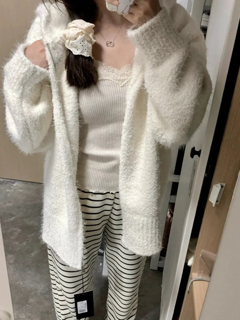 Шикарный однотонный белый вязаный кардиган милые свитера в японском