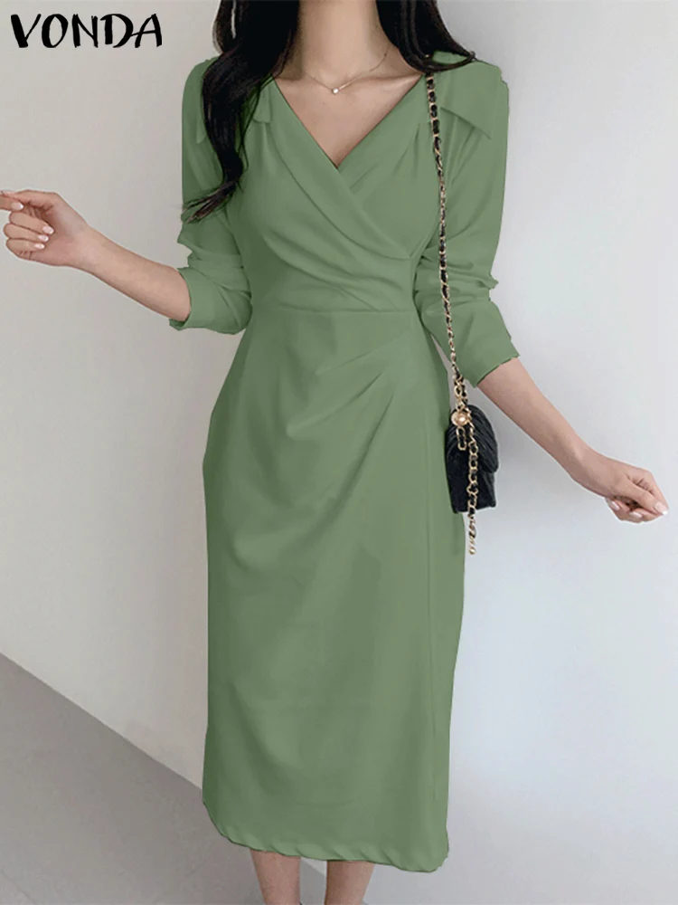 

VONDA Oversized Elegant Shirt Dress 2023 Women Fashion Solid Color Pleated Midi Sundress Long Sleeve Casual Party Vestidos Robe