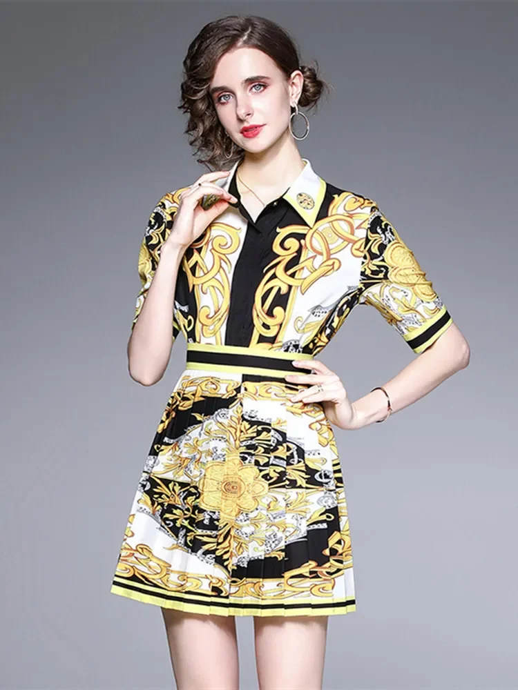 

Women Fashion Graphic Western Totem Pleated Dress Suit Summer Short Sleeve Loose Shirts Top+High Waist Mini Skirt Two Piece Set