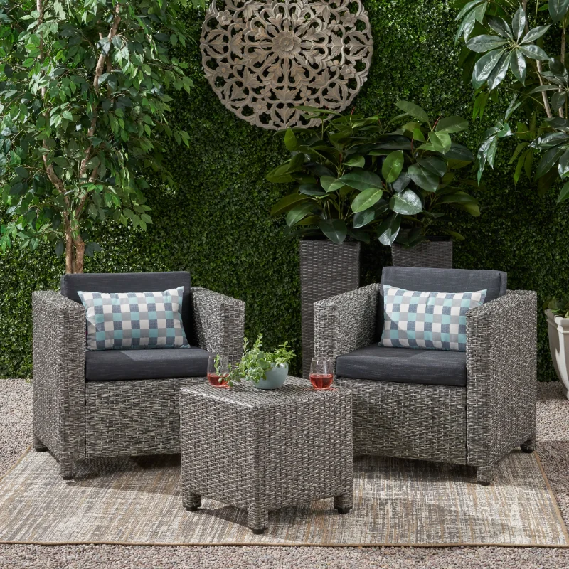 

Cascada Outdoor 3 Piece Wicker Club Chair and Table Set with Cushions, Mixed Black, Dark Grey