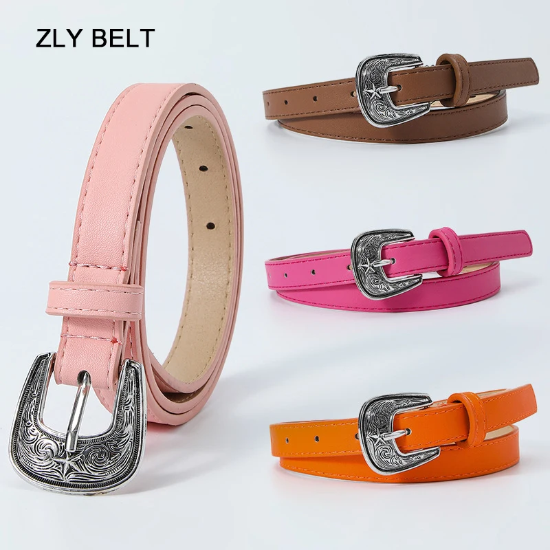 ZLY 2023 New Vintage Belt Women Men PU Leather Metal Buckle Carved Button Thin Slender Type Simple Decoration Jeans Dress Belt