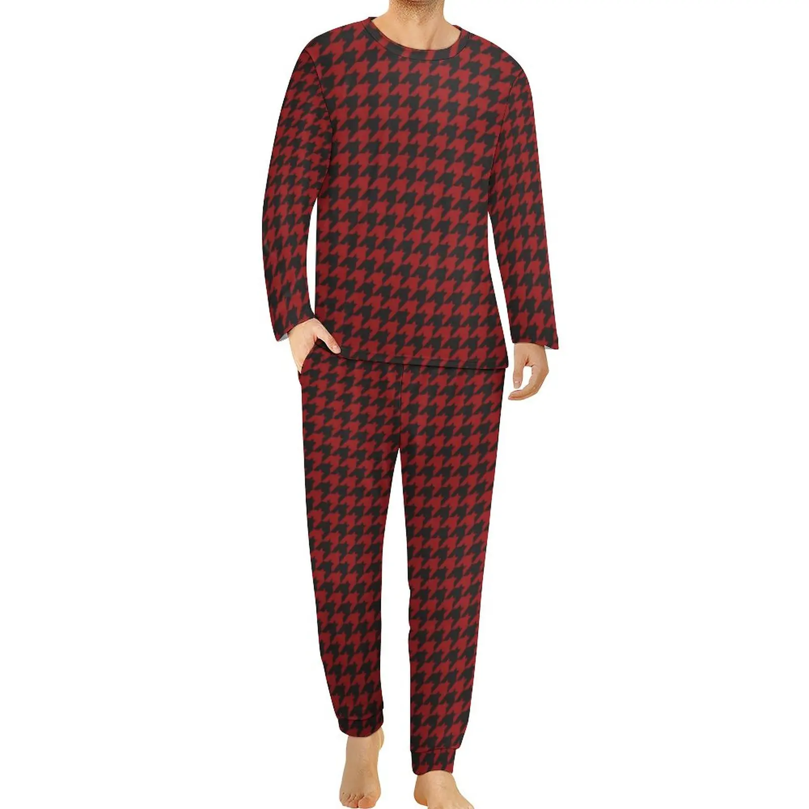 

Vintage Houndstooth Pajamas Red and Black Retro Male Long-Sleeve Warm Pajama Sets 2 Pieces Casual Daily Custom Nightwear Gift