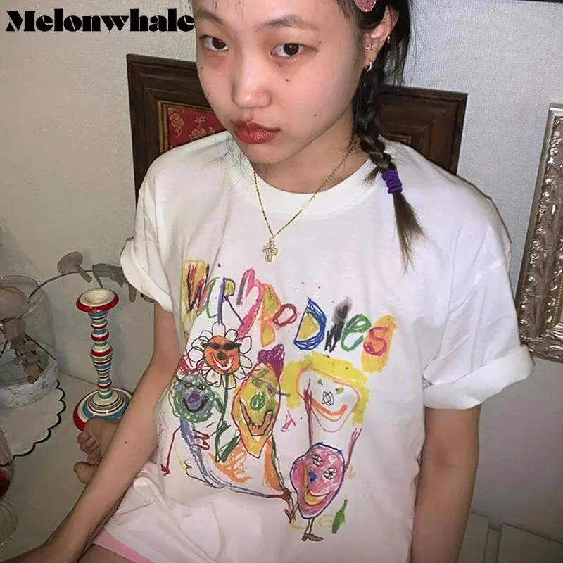 

Футболки с рисунком мелокита, волшебный гранж, с коротким рукавом, стиль граффити, модные топы в Корейском стиле, уличная одежда Y2k M235