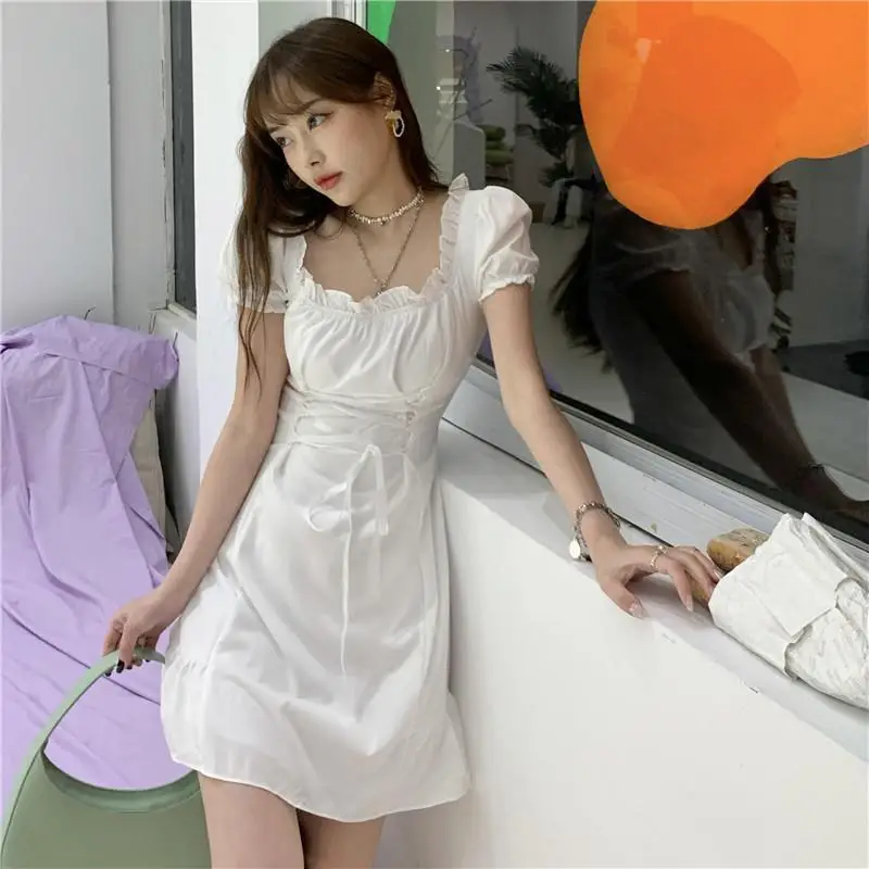 

Dresses Women Short Sleeve Korean Style Chic Popular Tender Slim Ulzzang Vestido Feminino White Summer Leisure Ins Trendy Classy