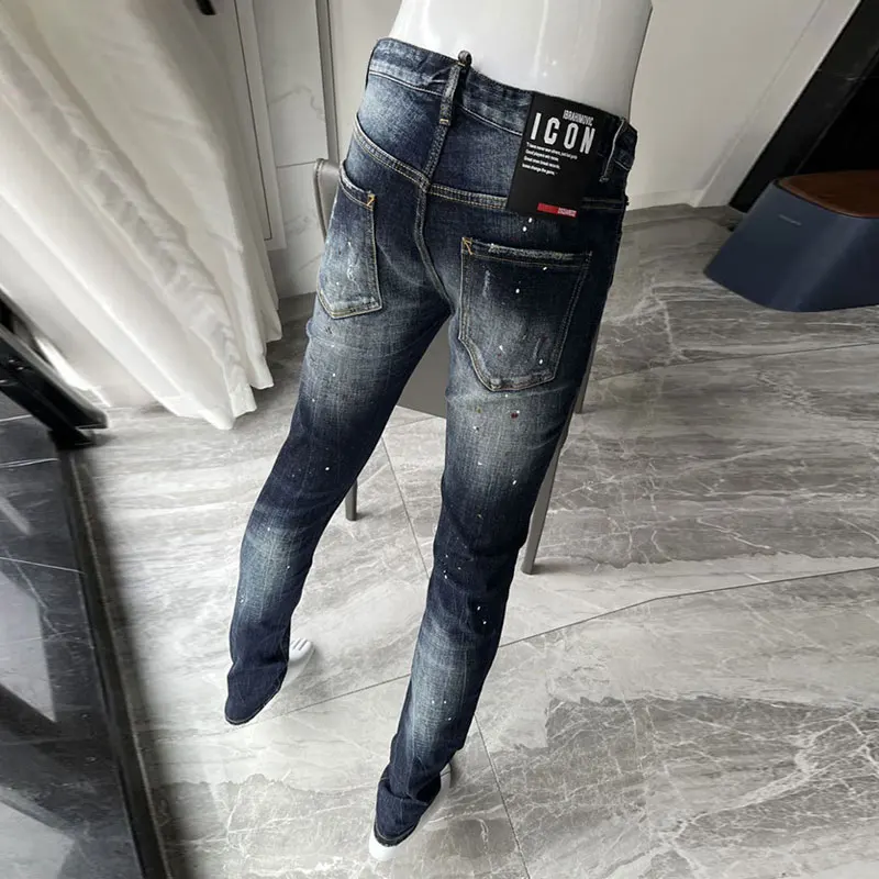 Fashion Designer Men Jeans Retro Vintage Blue High Quality Elastic Slim Fit Ripped Jeans Men Painted Hip Hop Brand Pants Hombre