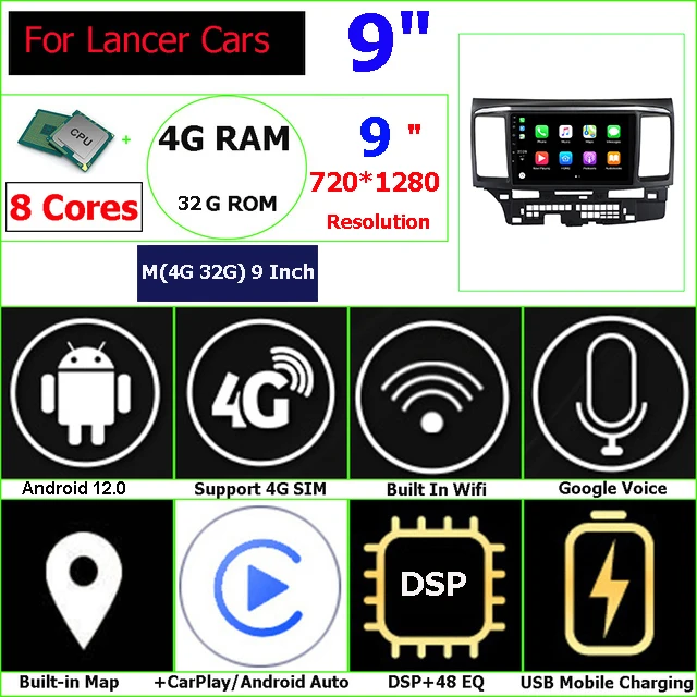 

2-диночный автомобильный радиоприемник, стерео аудио, GPS-плеер, Carplay, автоматический экран Android 12,0 для MITSUBISHI LANCER 9 10 X Evo EX Evolution