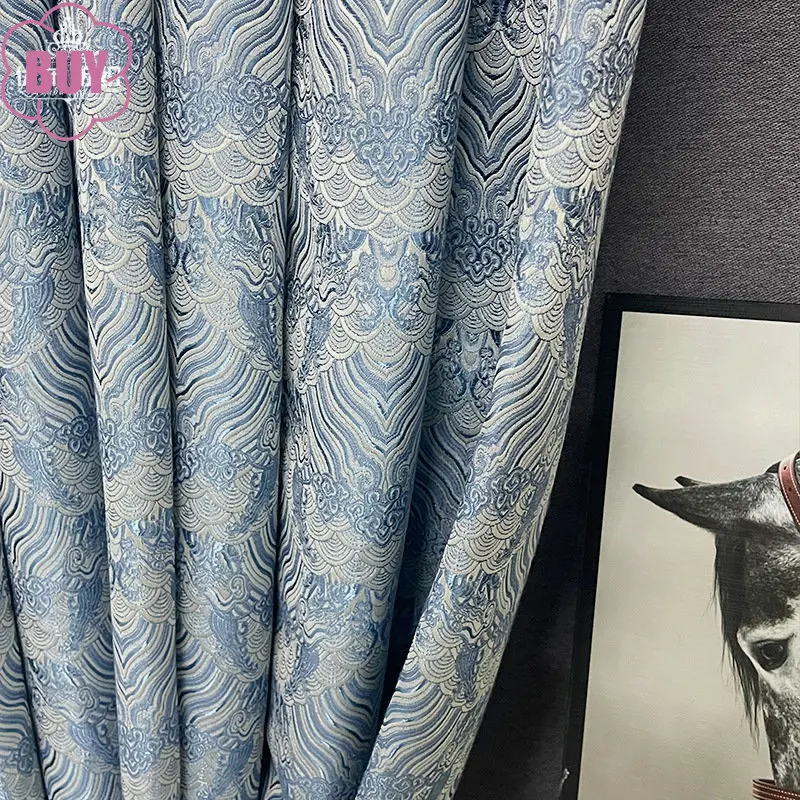 

New Chinese Style Curtains for Living Dining Room Bedroom Classical Jacquard High Precision Yarn-dyed Blue Custom Window