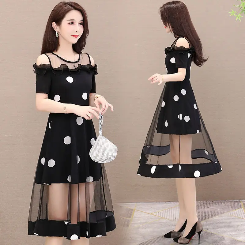 

Polka Dot Print Woman Dress Women Sexy Mesh Short Sleeve Dresses for Women Elegant Black Midi Party Dress Vestidos 5XL X251