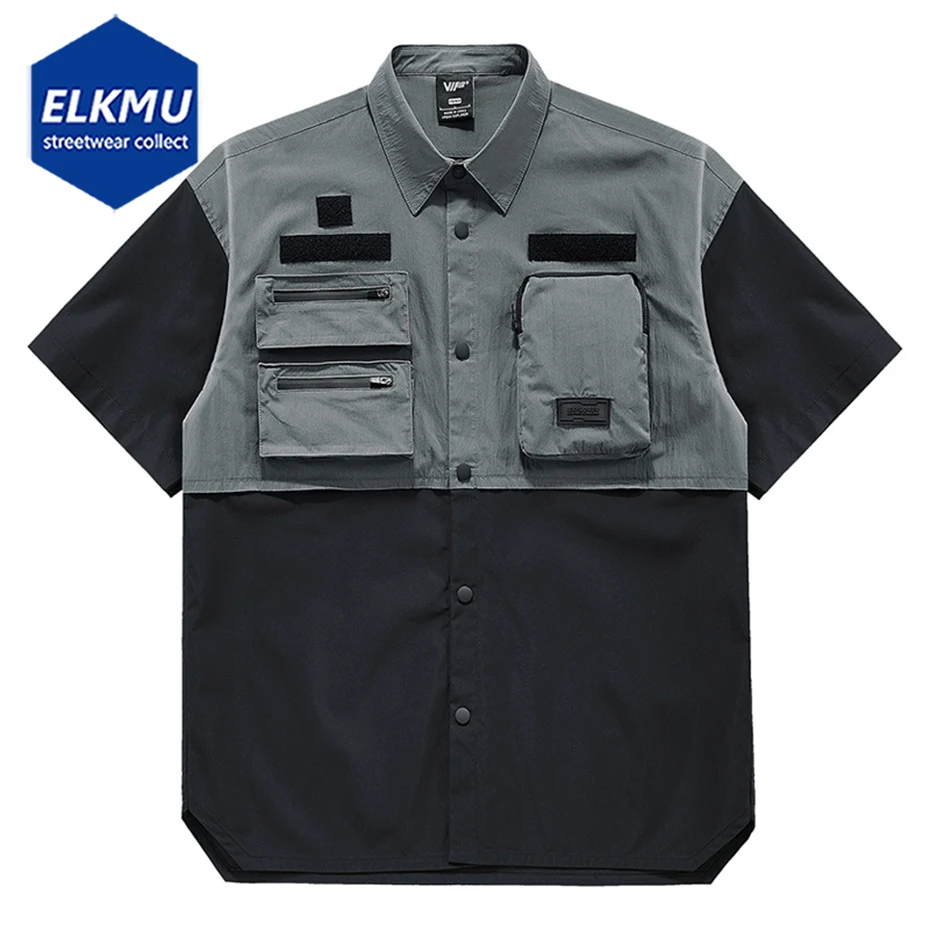Cargo Shirts Oversized Streetwear Hip Hop Shirts Techwear Military Button Up Blouse Mens Summer Short Sleeve Tops
