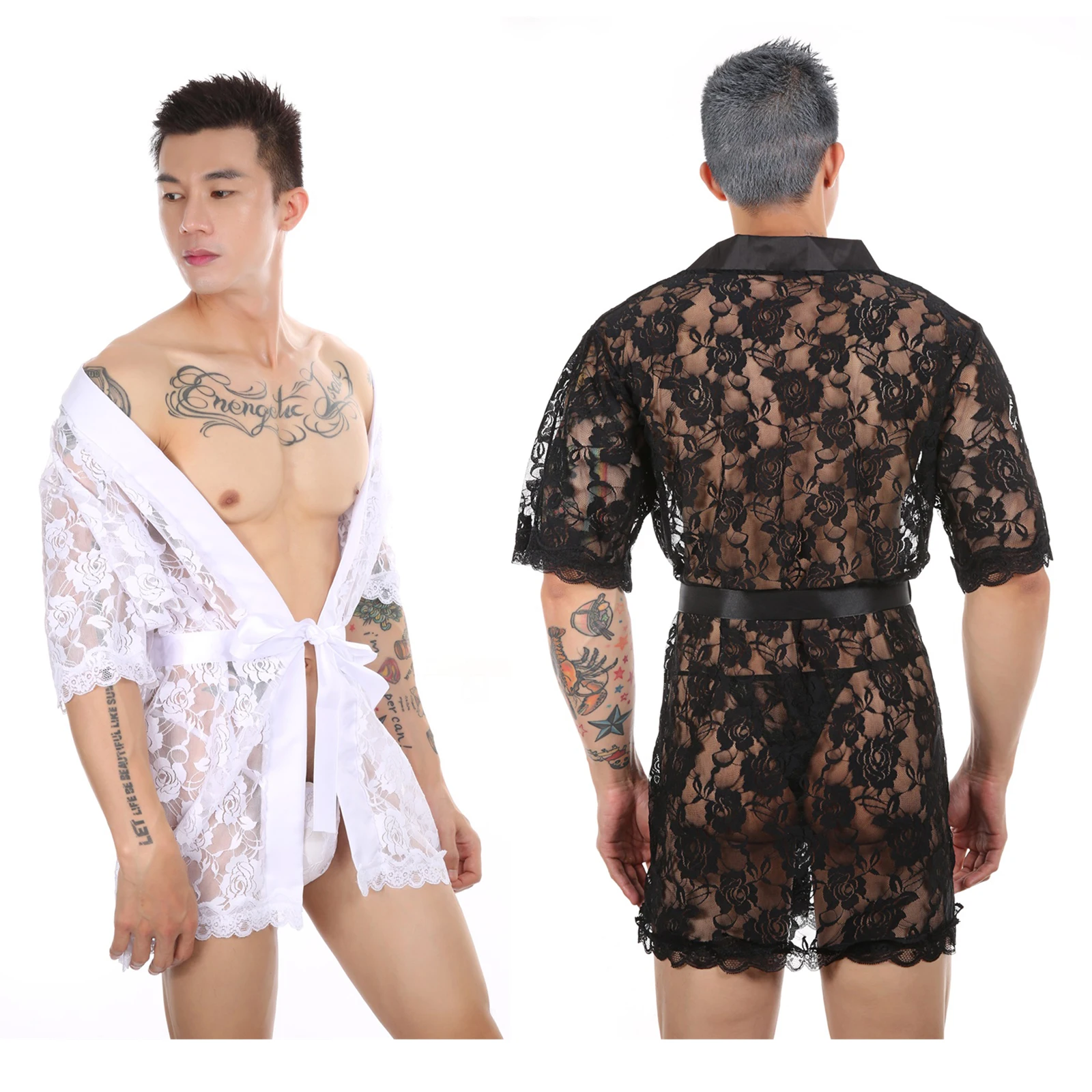 

CLEVER-MENMODE Men's Sexy Skirt See Through Transparent Sleeping Wear Bathrobe Set with Adjustable Thong Exotic Lingerie 2pcs