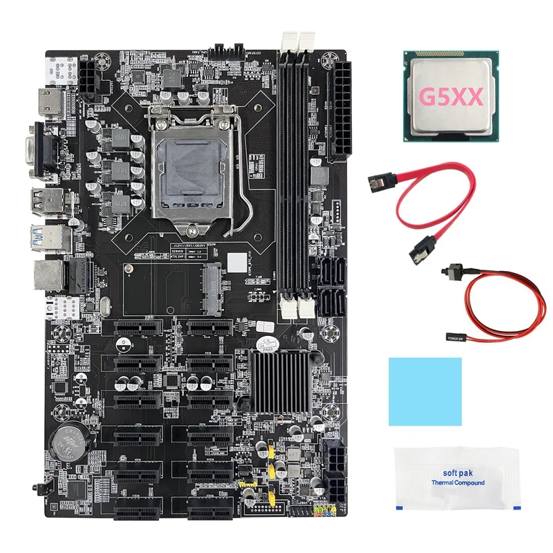 

B75 12 PCIE BTC Mining Motherboard+G5XX CPU+SATA Cable+Switch Cable+Thermal Grease+Thermal Pad ETH Miner Motherboard
