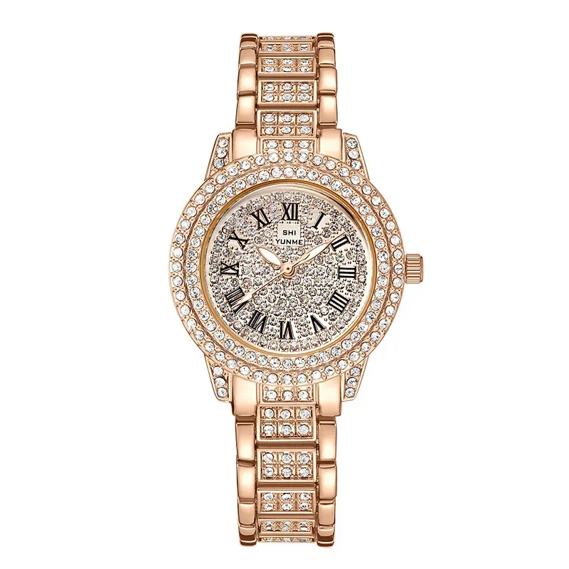 Модные стальные полоски инкрустированные бриллиантами кварцевые часы женские