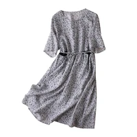 shuchan ramie woman dress vestido de mujer japan style mid calf a line summer print half sleeve pullover