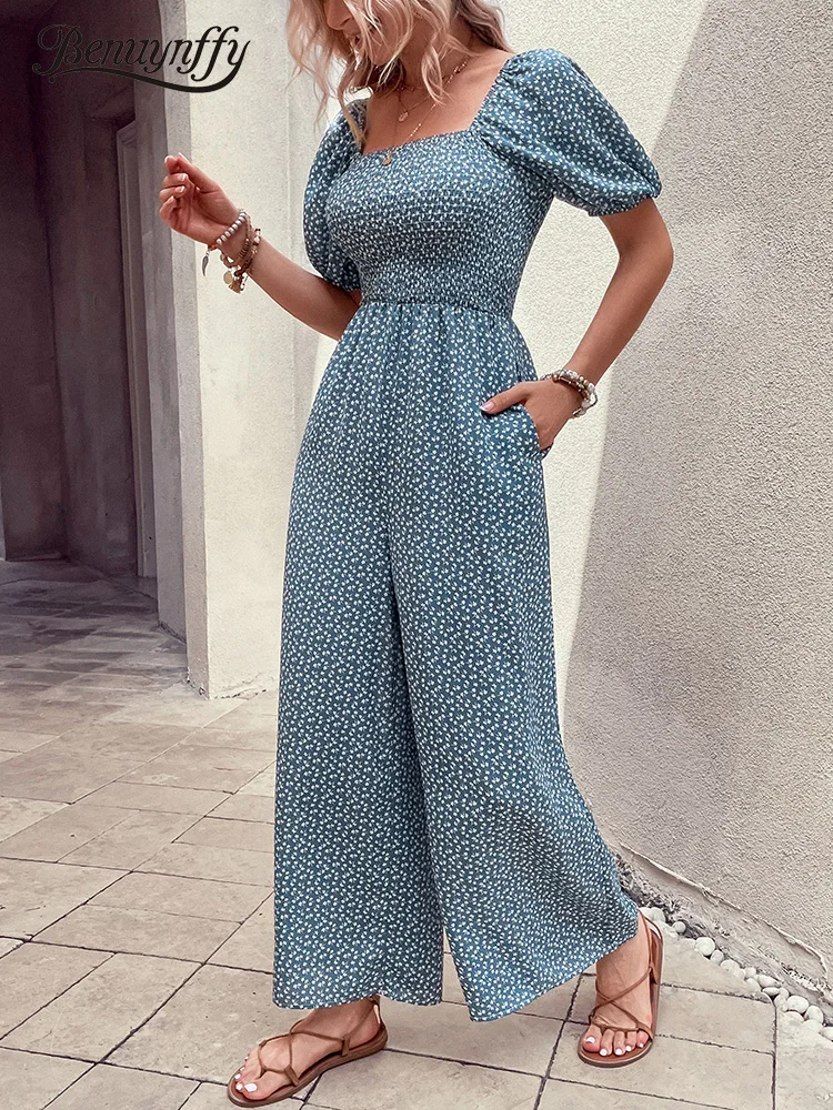 

Benuynffy Square Neck Ditsy Floral Puff Sleeve Jumpsuit Women Summer Vacation Pockets Vintage High Waist Wide Leg Jumpsuits 2023