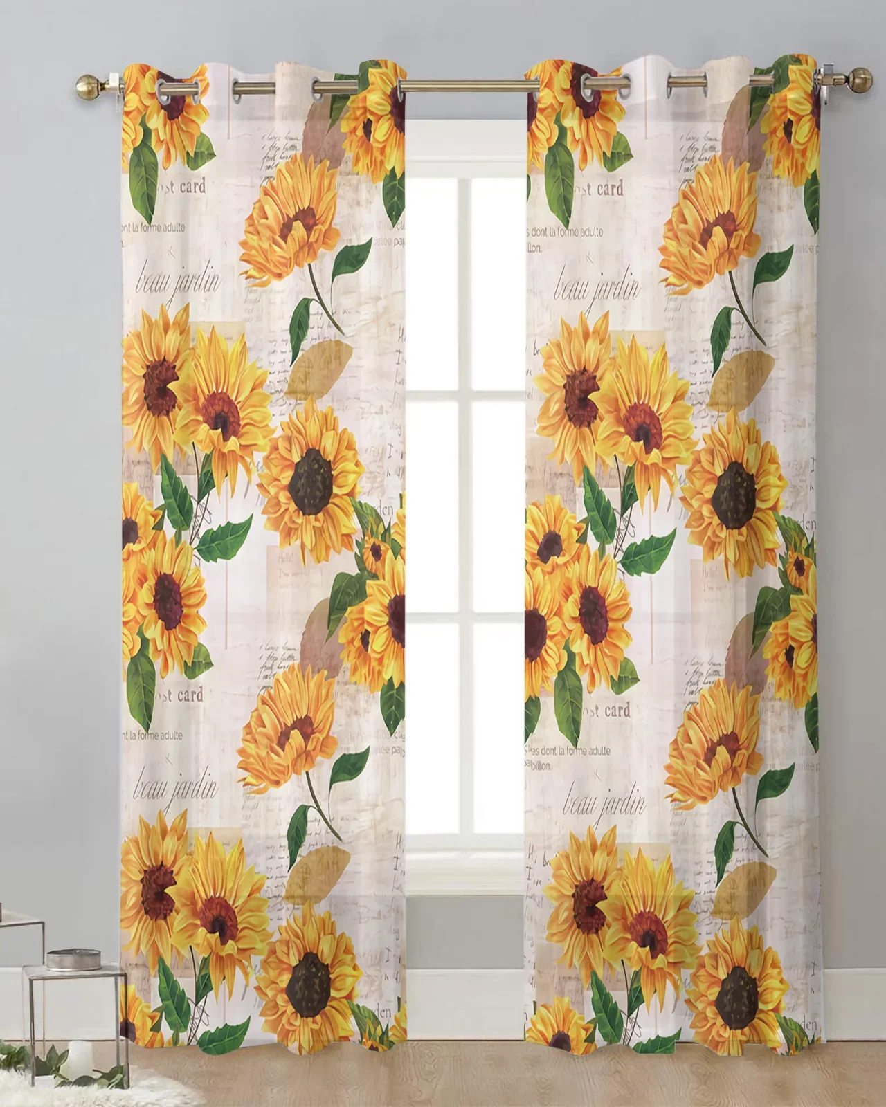 Sunflower Old Newspaper Background Sheer Curtains for Living Room Decoration Window Curtain Kitchen Tulle Voile Organza Drapes