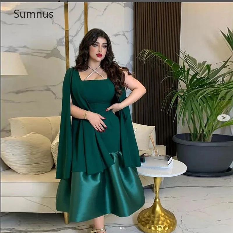 

Sumnus Dark Green Saudi Arabia Evening Dresses Fashion Square Tea Length Stain Vestidos De Noche Robes De Soirée Special