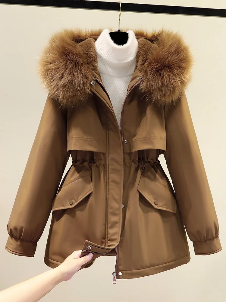 2022 Women's Winter Jacket Students Solid Hooded Large Fur Parkas Drawstring Slim Fashion Warm Coat Female Snow Wear Outwear