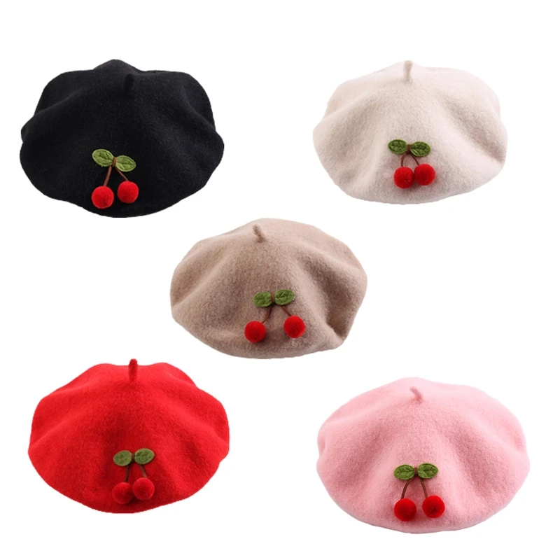 

Sweet Wool Hat 48-52cm Cherry Painter Hat Winter Must-have Item for Girls