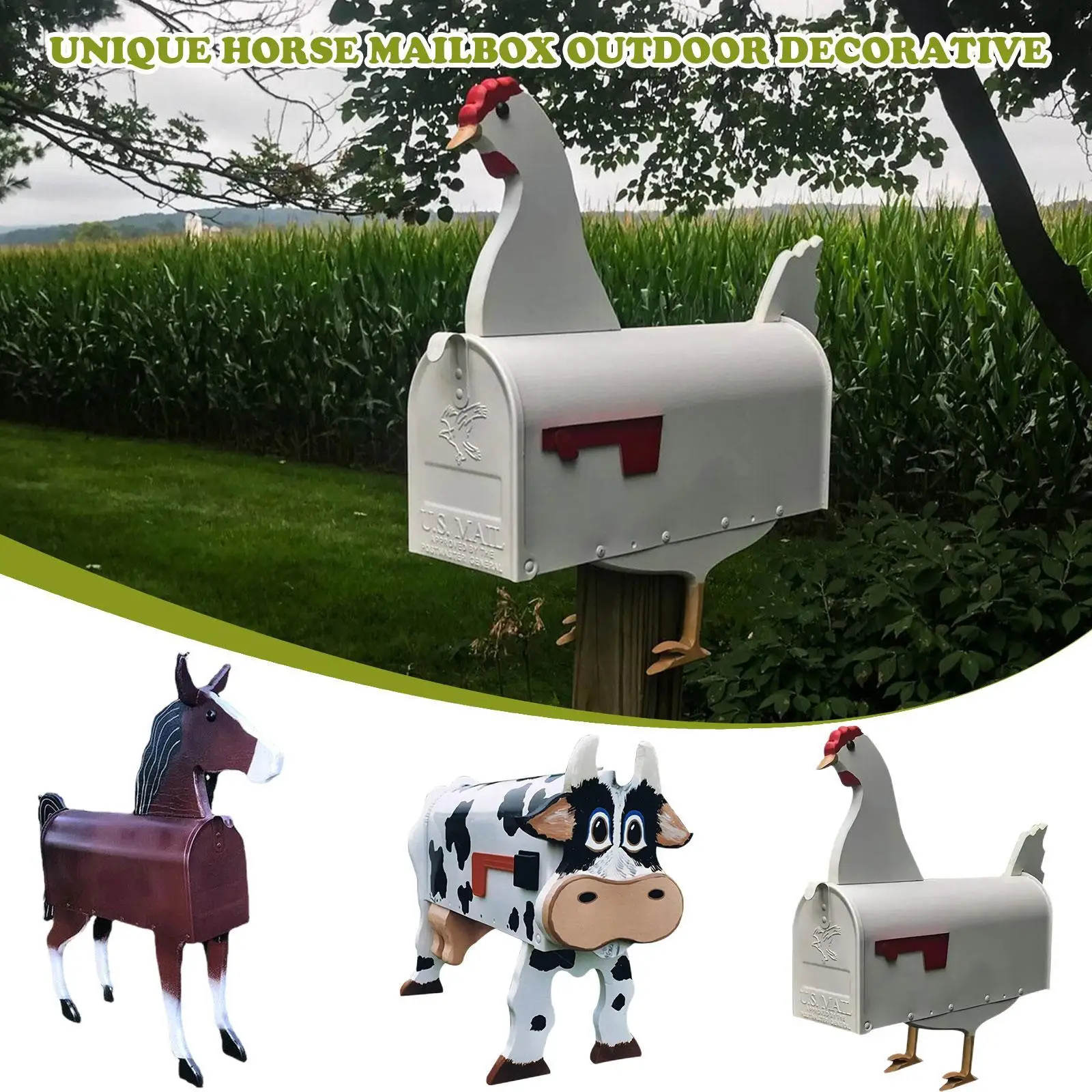 

Unique Chicken Cow Horse Mailbox Metal Wall Mounted Post Box Weatherproof Farm Animal Mailboxes Outside Garden Decoration Crafts