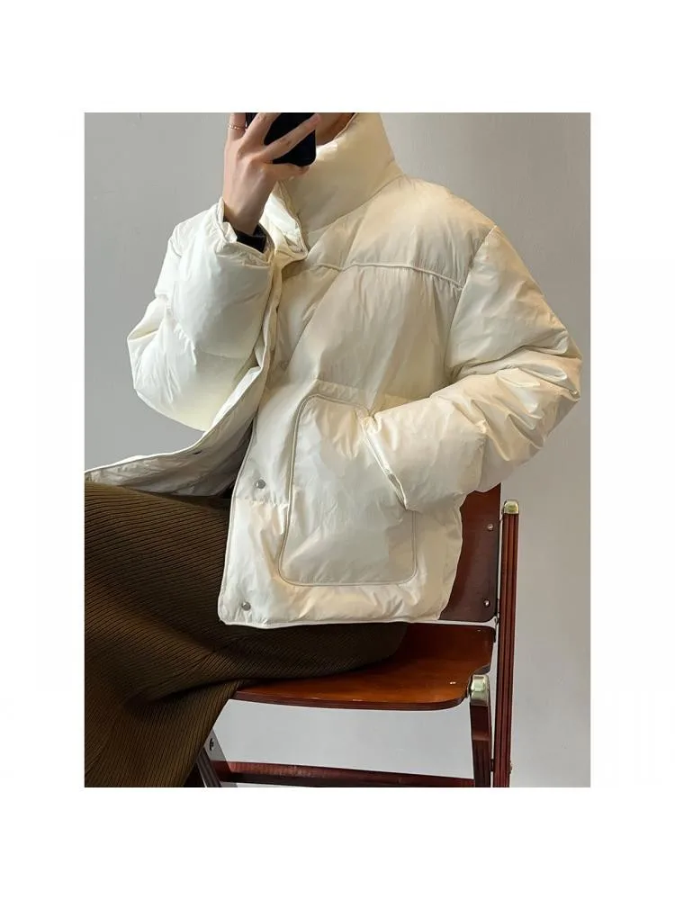 Black Thick Stand Collar Padded Short Parkas Jacket Women 2022 Winter New Zippers Loose Warm Bread Clothing Coats