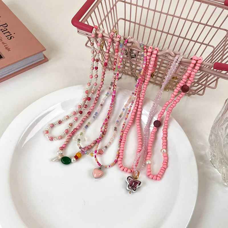 

Bohemia Beaded Necklace for Women Korean Summer Sweet Cute Pink Acrylic Choker Necklaces Girls Party Fashion Jewelry Gifts
