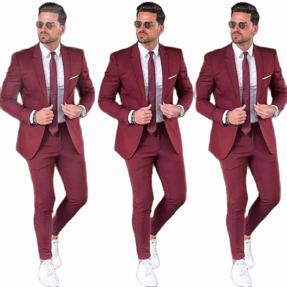 Elegant Custom Burgundy Men Suit Blazers For Party Prom 2 Pieces Red Suit For Men Groom Wedding Suits Notched Lapel Mens Tuxedos