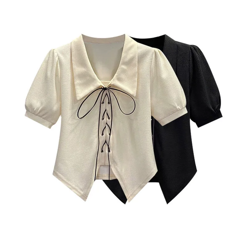 

Design Sense Bandage Shirt Women's 2022 Summer New Sweet And Spicy Style Wear Polo Shirt Chic Top