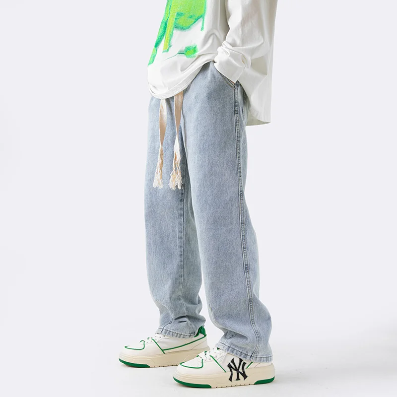 Blue Black Baggy Jeans Men Fashion Drawstring Casual Straight Jeans Men Streetwear Korean Loose Denim Pants Mens Trousers S-3XL