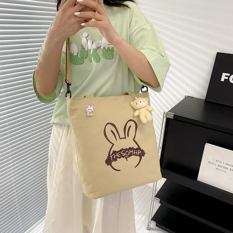New Simple Canvas Shoulder Bag for Women's Cute Children's Tutoring Class Makeup Bag for Students Tote Bag