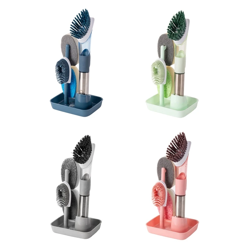 

Soap Dispensing Dish Brush with 4 Replacement Heads 4 in 1 Long Handle Cleaner for Home Kitchen Dishes Pot Pan Sink Sponge Tool