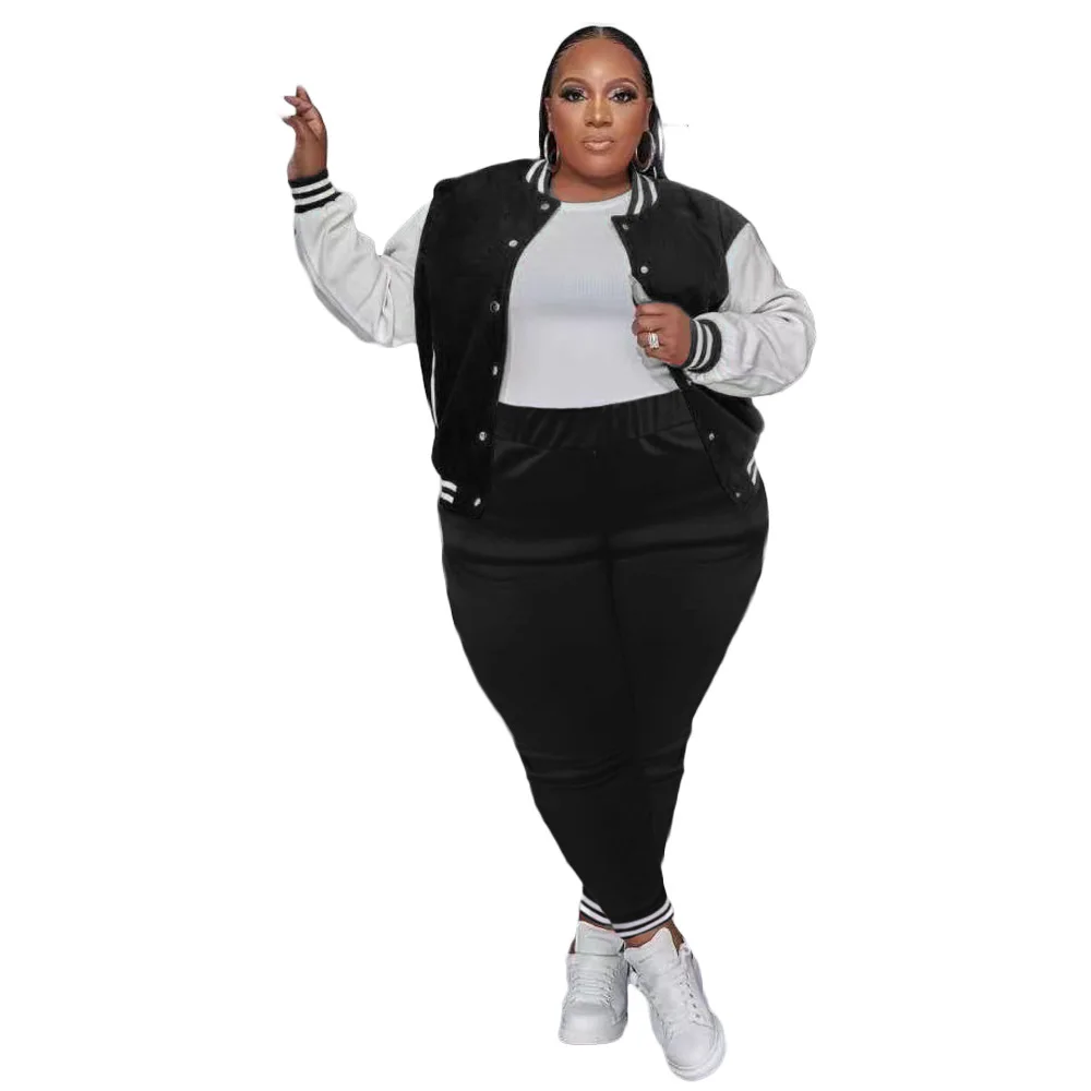 Plus Size Patchwork Casual Two Piece Set Long Sleeve Single Breasted Baseball Top Pencil Pants Women Tracksuit Fashion Clothings
