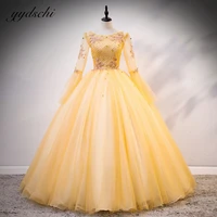 gold ball gown tulle pleated evening dresses long sleeves floor length illusion quinceanera princess shiny beading prom gowns