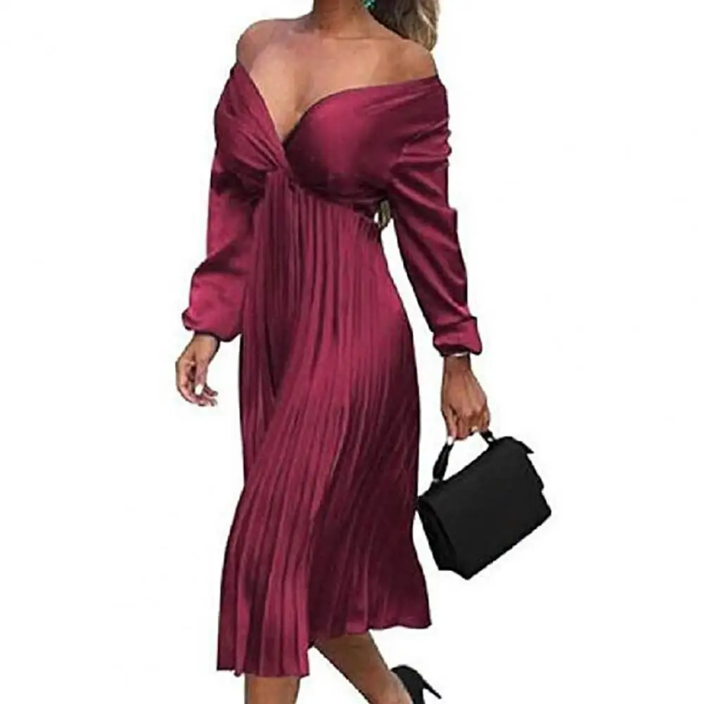 

Women Dress Off Shoulder Pleated Spring Summer Pure Color Slim-fitting V Neck Long Simple Fake Silk Dress for Daily Wear