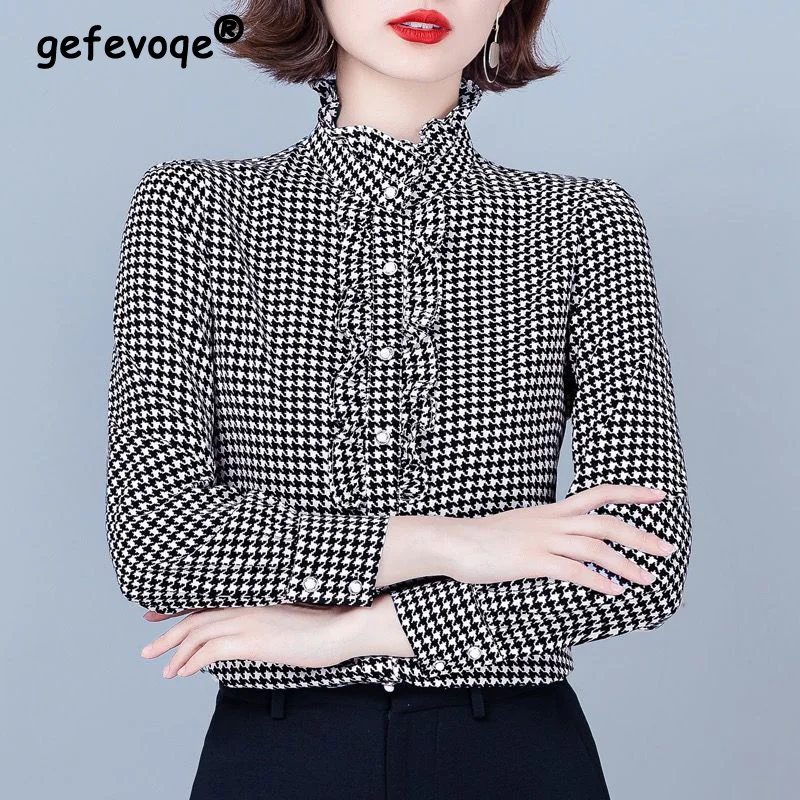 

Houndstooth Printed Long Sleeve Shirt Women's Spring Autumn High Collar Button Patchwork Ruffle Edge Cardigan Slim Blouses