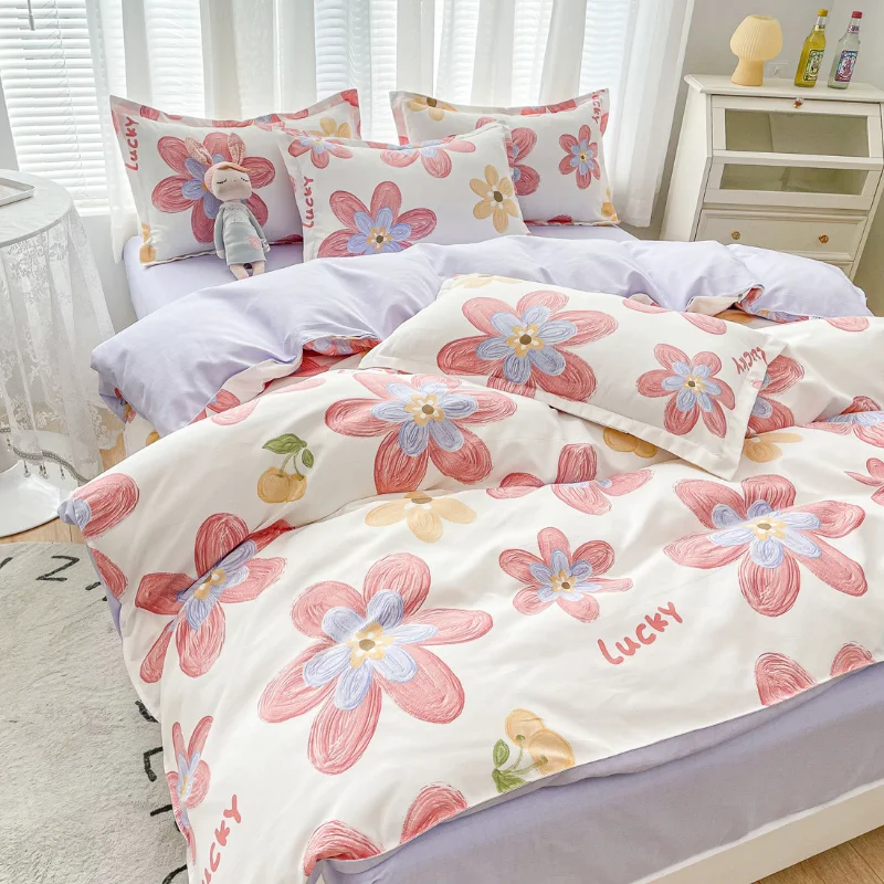 

Bedding Set New Brushed Four-piece Set Thickened Bed Sheet Quilt Cover Summer Washed Cotton Student Three-piece Bedding