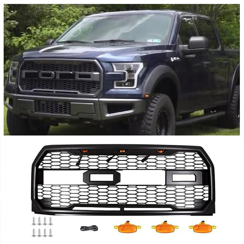 For Ford F150 Grille With Light  2015-2017 Year Matte Black Front Bumper Raptor Style